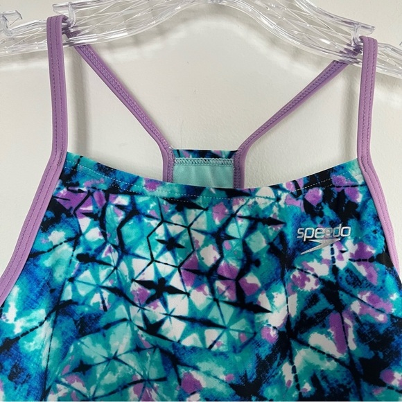 Speedo Girls Thin Strap One Piece Swimsuit Aqua/Purple Silicone Grippers Sz Med - Picture 6 of 10